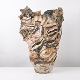 A cream, green, blue and brown mixed laminated clay vessel made by Ewen Henderson in circa 1986 sold at auction by Maak Contemporary Ceramics