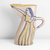 A yellow jug with blue and yellow painted figures made by Alison Britton in circa 1978 sold at auction by Maak Contemporary Ceramics