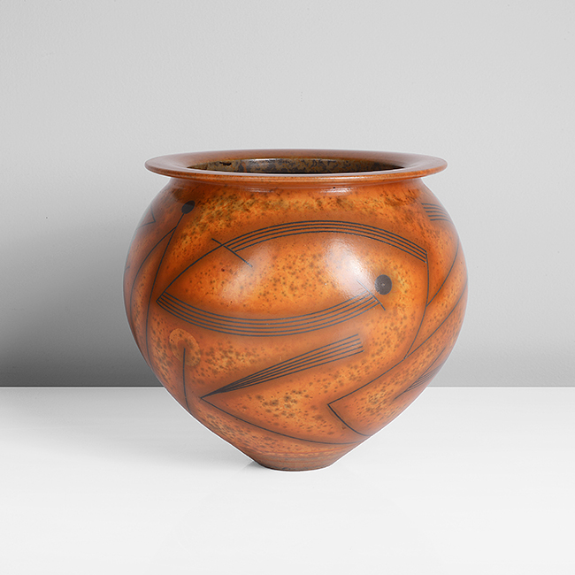 An orange earthenware bowl made by Duncan Ross sold at auction by Maak Contemporary Ceramics