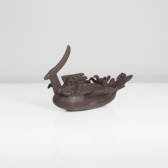 A brown stoneware phoenix rattle made by Ian Godfrey in circa 1975 sold at auction by Maak Contemporary Ceramics
