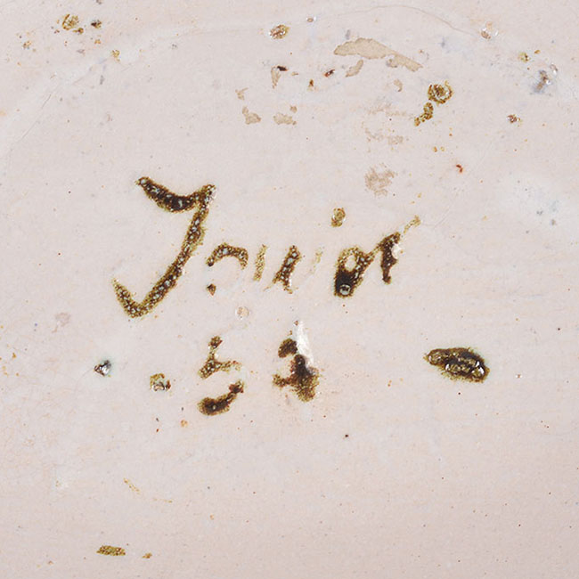 An incised signature and date on a vessel made by James Tower in 1954 offered at auction by Maak Contemporary Ceramics